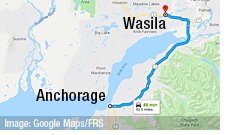 The 45 Minuite route from Anchorage to Wasila, Alaska. | Image: Goggle Maps