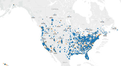 Example geocoding map view of the United States