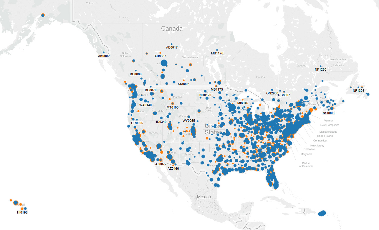 Example geocoding map view of the United States