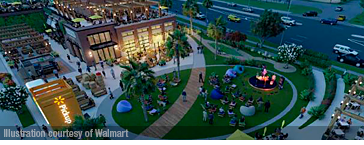 Walmart is aiming to reinvent the shopping center for an e-commerce age with a new sort of open-air complex incorporating restaurants, food halls and food trucks. | Illustration courtesy of Walmart.