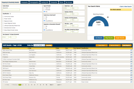 Screen shot of a search results list from ShoppingCenters.com Use multiple criteria to search for detailed data for shopping centers and malls including market info, contacts, tenants and more.