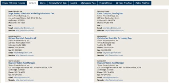 6 VIP shopping center contacts on ShoppingCenters.com (owner/developer/landlord, leasing, management company, marketing" property manager