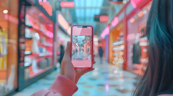 Article about Immersive in-store retail- phone in hand reflecting blurry shopping center