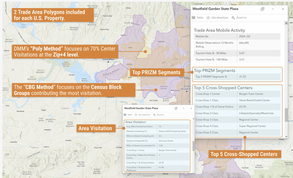 DMM retail shopping center trade area polygons on Esri ArcGIS. Census Block and 70% Center Visitations at Zip+4 level.