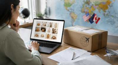 Image of a woman online shopping and suggesting cross-border shipping
