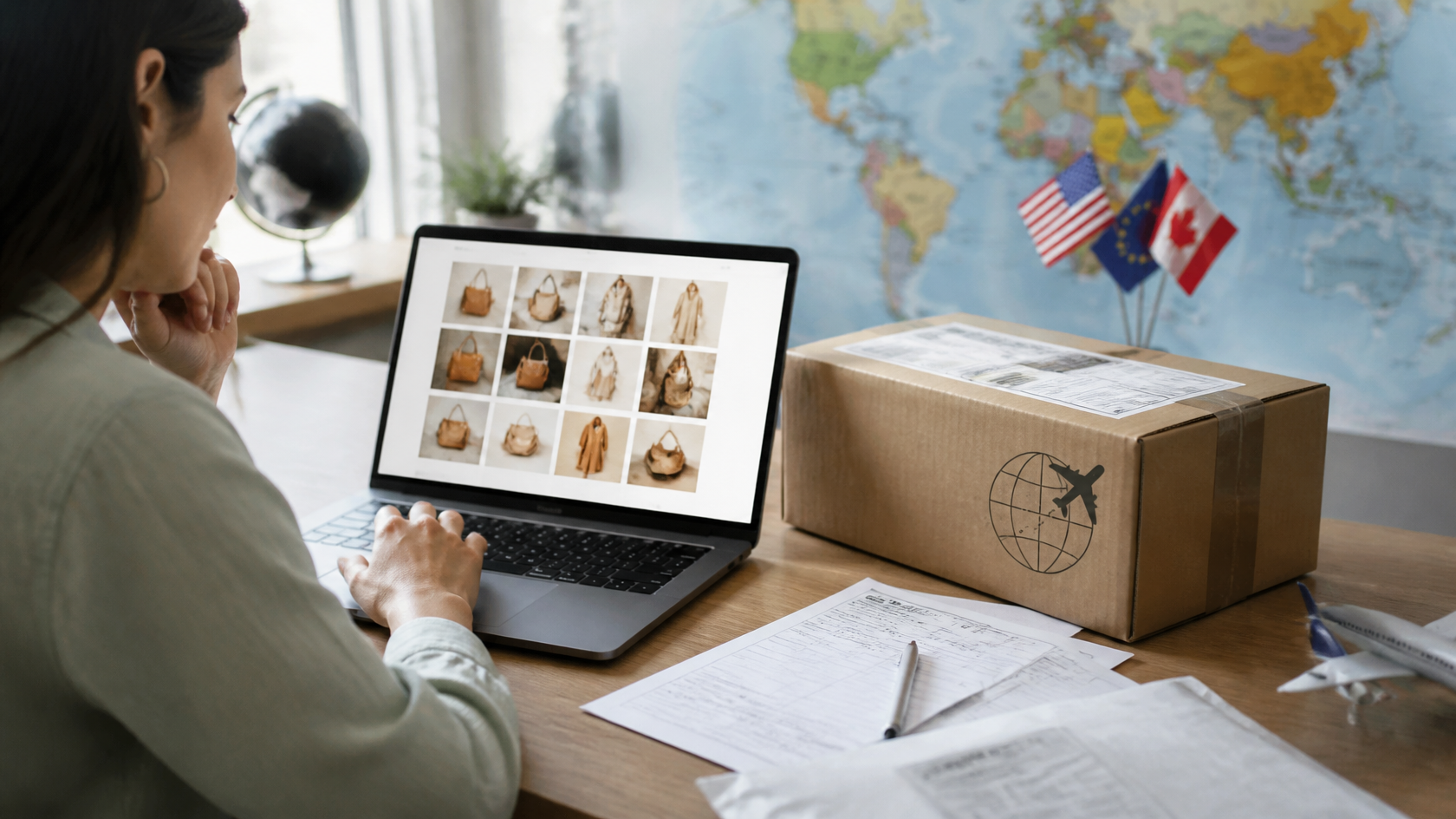Image of a woman online shopping and suggesting cross-border shipping